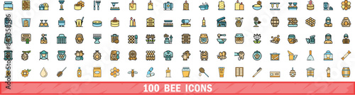 100 bee icons set. Color line set of bee vector icons thin line color flat on white photo