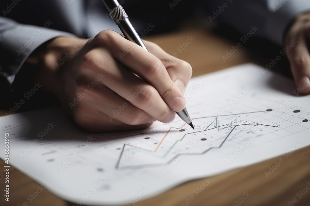 generated illustration closeup of hand holding pen on financial graphs and charts. generated illustration closeup of hand holding pen on financial graphs and charts.