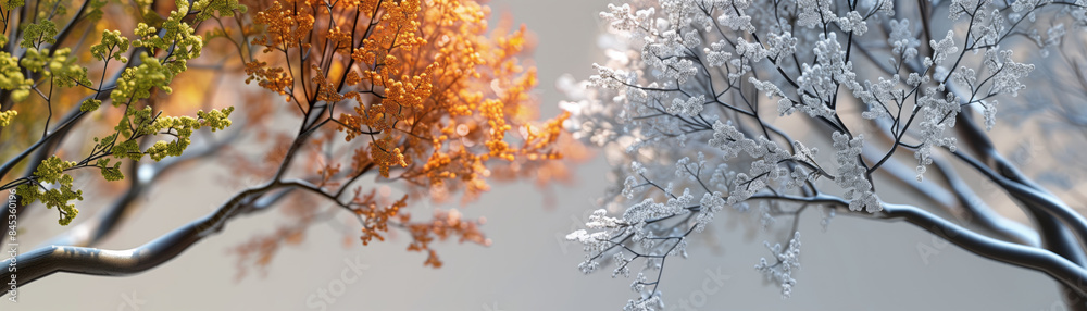 Transition of seasons depicted through trees with autumn foliage and winter frost, demonstrating the beauty of nature's cycle. Transition of seasons depicted through trees with autumn foliage and winter frost, demonstrating the beauty of nature's cycle.