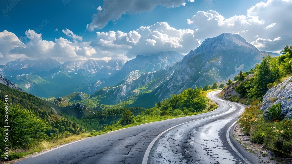 Fototapeta premium Curved Mountain Road with Panoramic Landscape and Natural Serenity