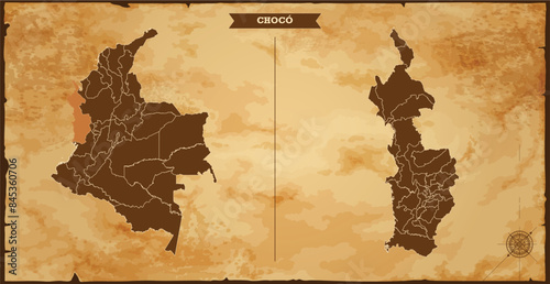 Chocó state map, Colombia map with federal states in A vintage map based background, Political Colombia Map
