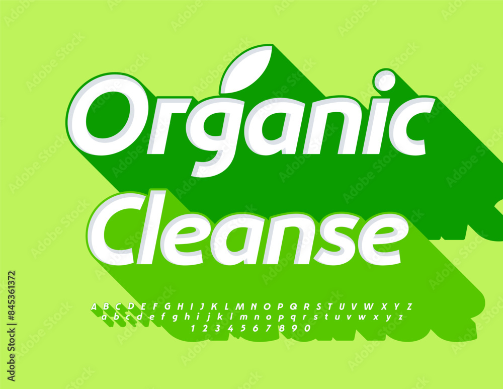 Naklejka premium Vector healthy flyer Organic Cleanse. Elegant 3D Font with Big Green Shadow. Artistic set of Bright Alphabet Letters and Numbers.