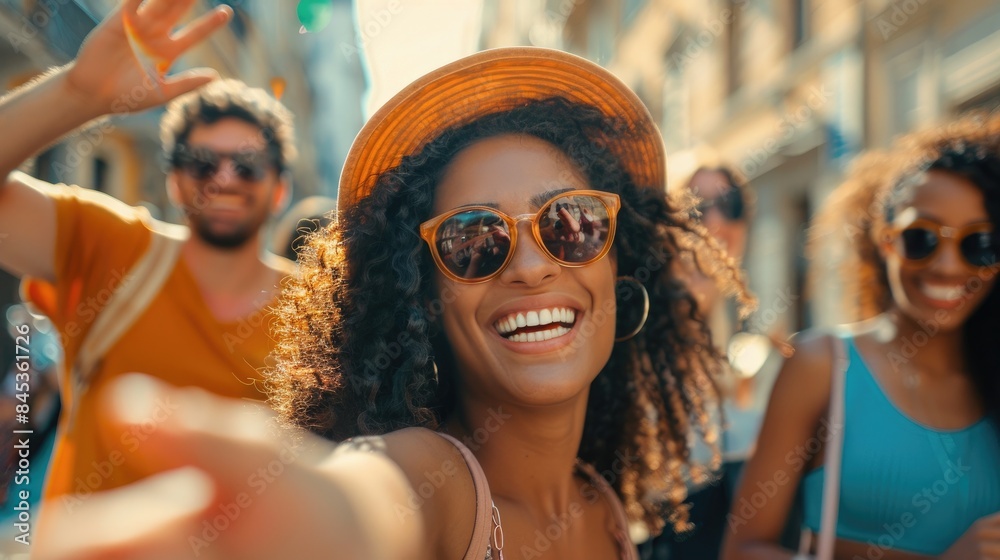 Happy group of friends having fun together on the street. Vacation, summer time Happy group of friends having fun together on the street. Vacation, summer time