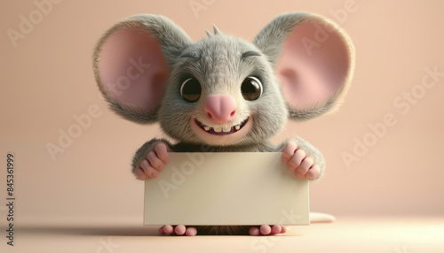 Adorable Cartoon Mouse Holding Blank Sign Cute Digital Art Character with Big Eyes and Fluffy Ears Smiling Playful Animal Illustration for Children s Stories, Cards, and Decorations photo