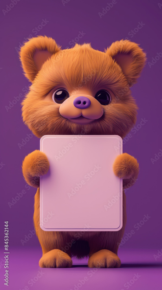Adorable Cartoon Teddy Bear Holding Blank Sign Over Purple Background Cute, Whimsical Scene Perfect for Childrens' Books, Advertisements, and Social Media Posts Adorable Cartoon Teddy Bear Holding Blank Sign Over Purple Background Cute, Whimsical Scene Perfect for Childrens' Books, Advertisements, and Social Media Posts