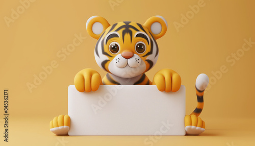 Adorable Cartoon Tiger Cub Holding Blank Banner on Yellow Background Cute Tiger Illustration for Children, Kids' Posters, Animal Art, Wildlife Education, and Fun Graphic Design Projects photo