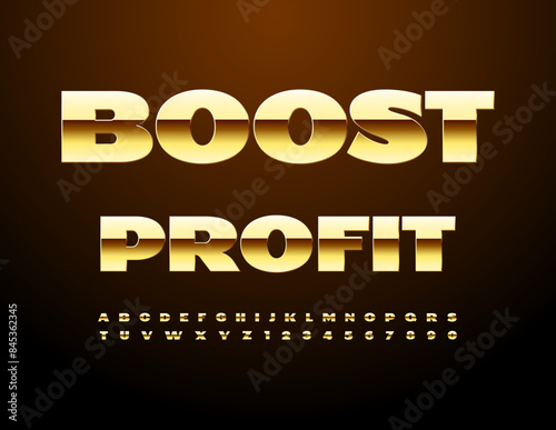 Vector premium logo Boost Profi. Trendy Golden Font. Chic Alphabet Letters and Numbers set.