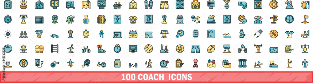 100 coach icons set. Color line set of coach vector icons thin line color flat on white 100 coach icons set. Color line set of coach vector icons thin line color flat on white
