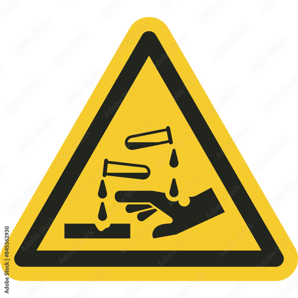 ISO warning safety signs_warning ; corrosive substance symbol and pictogram only size 1 x 1 x 1 triangular shape ISO warning safety signs_warning ; corrosive substance symbol and pictogram only size 1 x 1 x 1 triangular shape