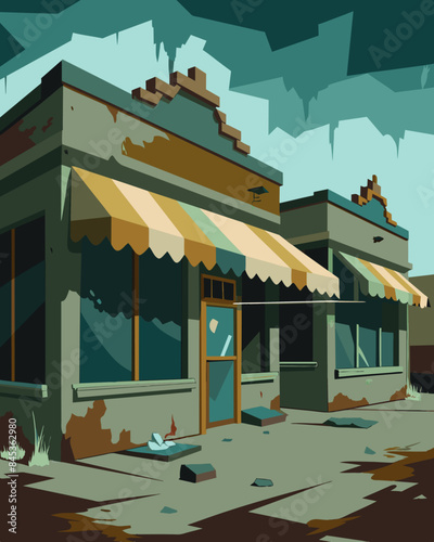 The abandoned storefronts were now covered in layers of grime and peeling paint a sign of neglect and desperation.. Vector illustration
