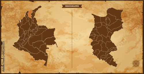 Magdalena state map, Colombia map with federal states in A vintage map based background, Political Colombia Map