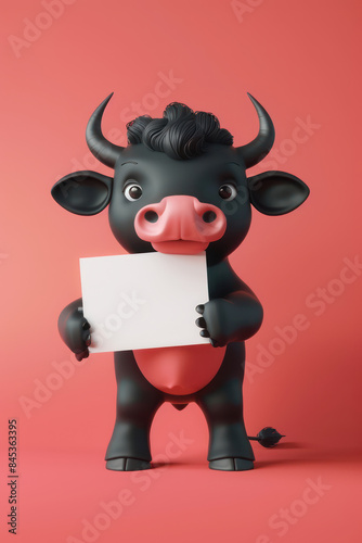 Cute Cartoon Black Bull Holding a Blank Sign with Coral Background for Ad, Announcement, or Message photo