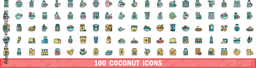 100 coconut icons set. Color line set of coconut vector icons thin line color flat on white