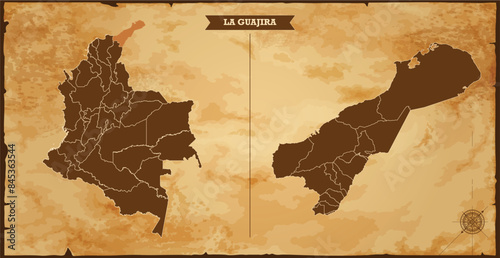 La Guajira state map, Colombia map with federal states in A vintage map based background, Political Colombia Map