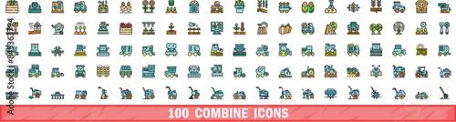 100 combine icons set. Color line set of combine vector icons thin line color flat on white