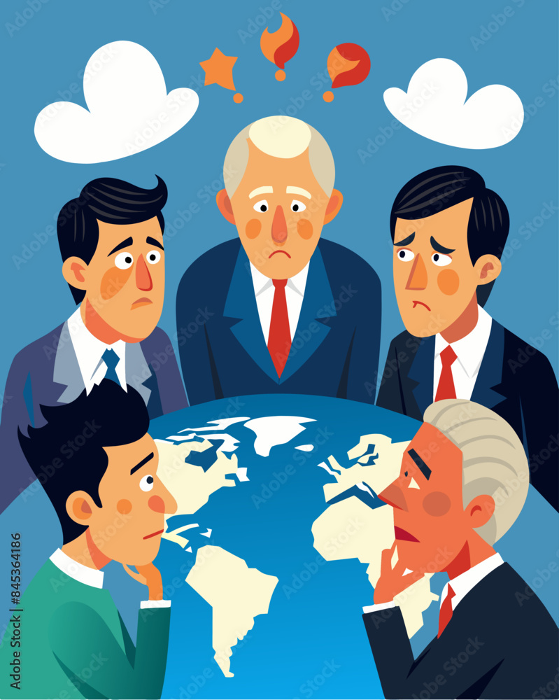 An image of a meeting between world leaders with worried expressions discussing solutions for a global economic crisis caused by a local event.. Vector illustration An image of a meeting between world leaders with worried expressions discussing solutions for a global economic crisis caused by a local event.. Vector illustration
