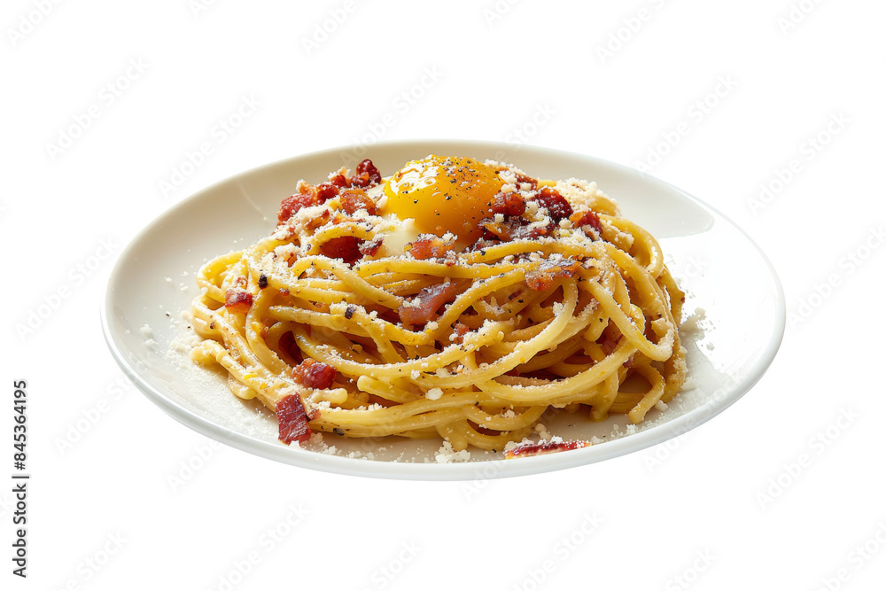 A dish of spaghetti carbonara with crispy pancetta, egg and parmesan cheese isolated on transparent background. A dish of spaghetti carbonara with crispy pancetta, egg and parmesan cheese isolated on transparent background.