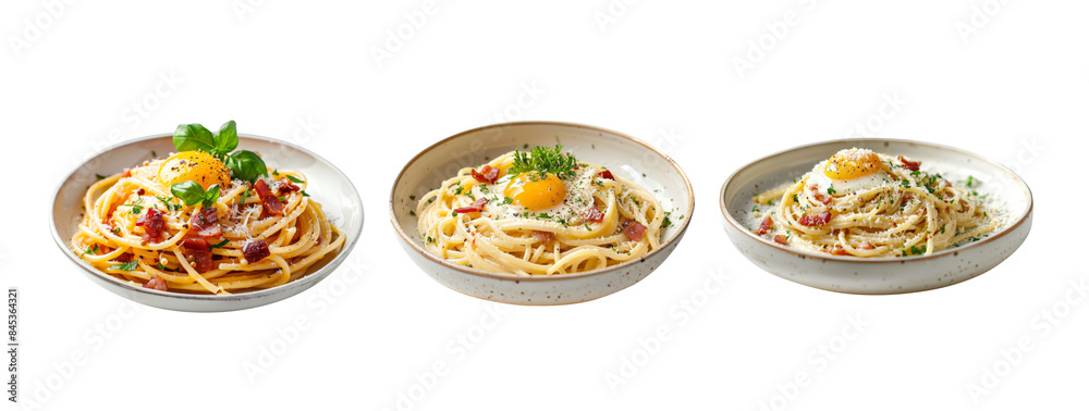 Set of 3 dish spaghetti carbonara with crispy pancetta, egg and parmesan cheese isolated on transparent background. Set of 3 dish spaghetti carbonara with crispy pancetta, egg and parmesan cheese isolated on transparent background.
