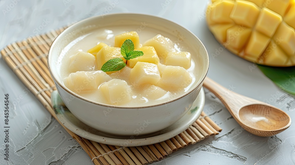 a coconut milk-based dessert with young pineapple and fresh banana, placed on an isolated white background. a coconut milk-based dessert with young pineapple and fresh banana, placed on an isolated white background.