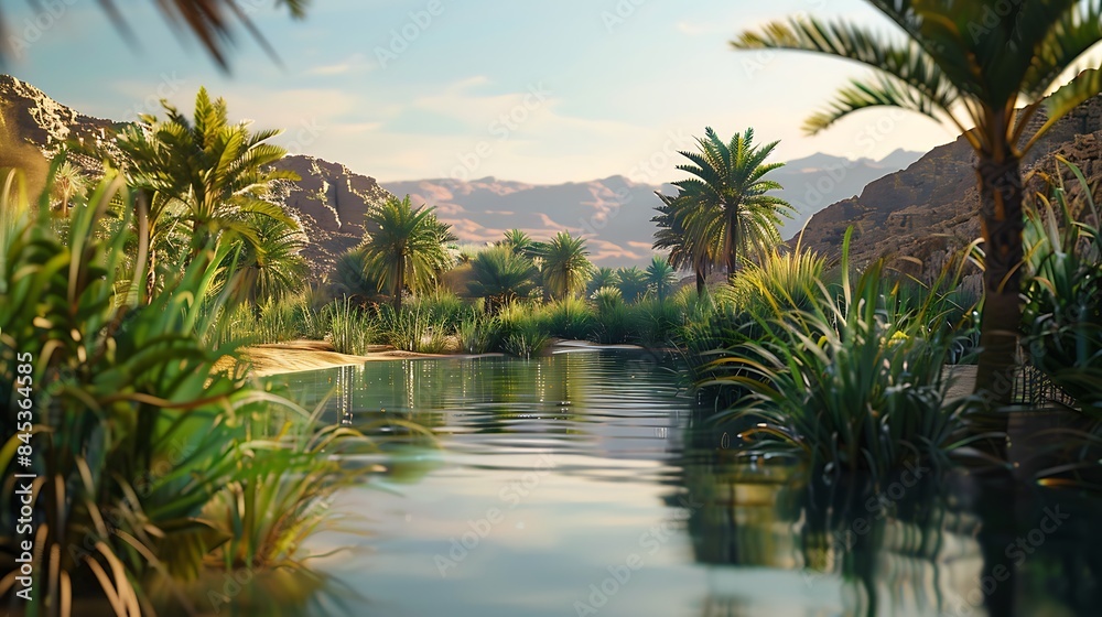Obraz premium Capture serenity of desert oases with softfocus photography highlighting the lush vegetation and calm waters amidst arid surroundings