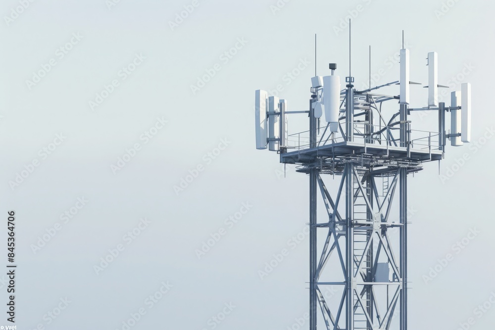 An isolated communication tower stands tall against a hazy sky, its antennas reaching towards the clouds. An isolated communication tower stands tall against a hazy sky, its antennas reaching towards the clouds.