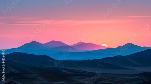 Capture serenity of dawn in the desert with silhouette photography framing distant mountains or dunes against a colorful sunrise sky #845364982