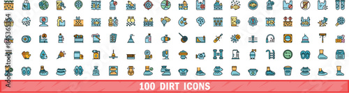 100 dirt icons set. Color line set of dirt vector icons thin line color flat on white