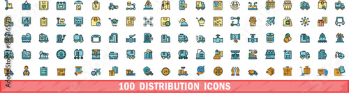 100 distribution icons set. Color line set of distribution vector icons thin line color flat on white