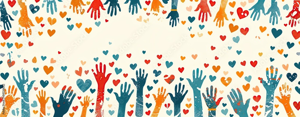 A cheerful background for International Day of Charity with hands, hearts, and donation symbols, and ample copy space A cheerful background for International Day of Charity with hands, hearts, and donation symbols, and ample copy space