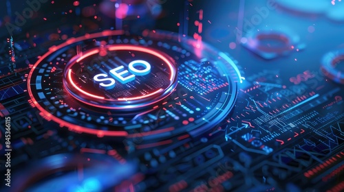 Wallpaper Mural Digital SEO concept with neon marketing and analytics internet search engeenes optimization. High-tech digital illustration Torontodigital.ca