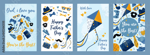 Bundle 4 celebration cards with typography in drawing style. Happy Father's Day concept. Male hat, shoes, briefcase, items and mustache. Grunge textured effect. For cover, poster, label