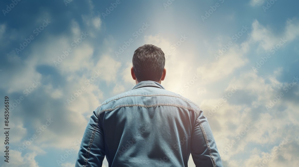 A stylish man in denim jeans looking up against a simple backdrop. A stylish man in denim jeans looking up against a simple backdrop.