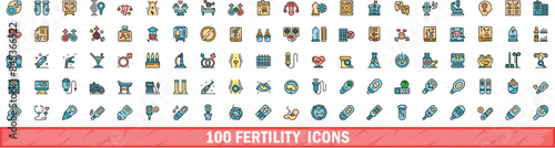 100 fertility icons set. Color line set of fertility vector icons thin line color flat on white