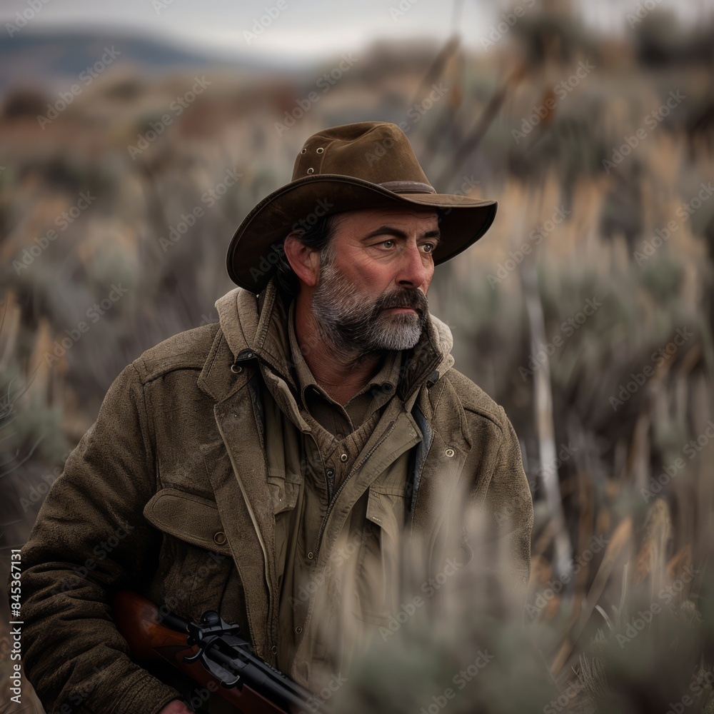Obraz premium Rugged man with beard in brown hat and jacket stands in the wild outdoors, holding a rifle, looking thoughtfully into distance.