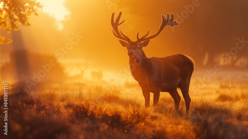 Majestic deer stands in misty golden morning light, capturing the essence of nature's serenity and beauty, perfect for wildlife and scenic photo collections.