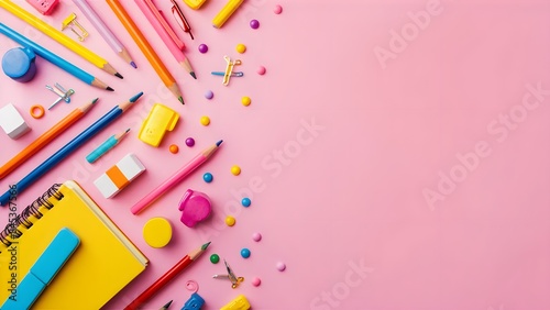 composition school supplies accessories on pink background in left side, copy space in right side.