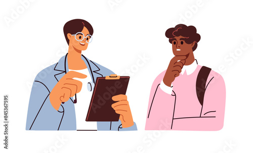 Doctor and patient talking, speaking during health consultation. Medic telling diagnosis, consulting on treatment. Person listening to physician. Flat vector illustration isolated on white background