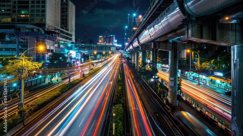 road and the light trails of sky train at night road and the light trails of sky train at night