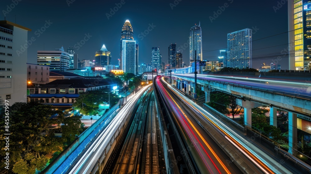 Fototapeta premium road and the light trails of sky train at night