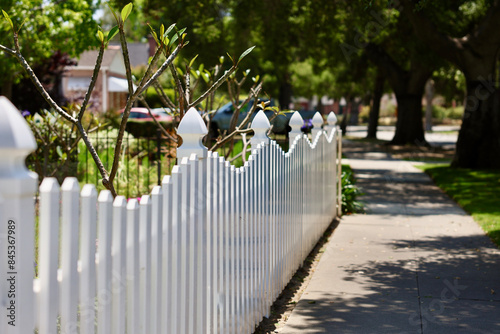 scalloped whited picket fence around the yard photo