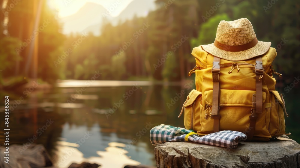 Fototapeta premium Hiking backpack with climbing equipment and outdoor accessories on stone table, lake in mountains background.