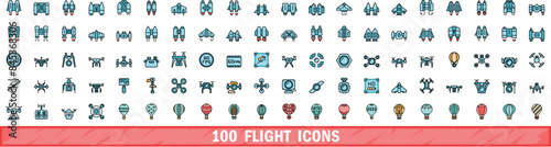 100 flight icons set. Color line set of flight vector icons thin line color flat on white