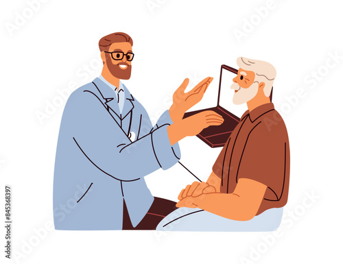 Doctor consulting old man, elderly patient. Senior person during medical appointment, discussing health with physician in clinic. Geriatric care. Flat vector illustration isolated on white background
