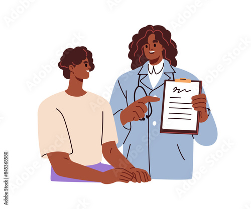 Doctor consulting patient at appointment. Health counseling with professional physician. Practitioner talking to man, showing medical document. Flat vector illustration isolated on white background