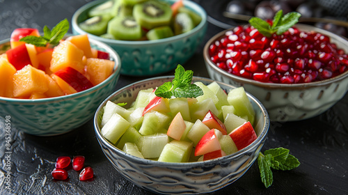 Colorful bowls display sliced ​​fruit decorated with mint sprigs.