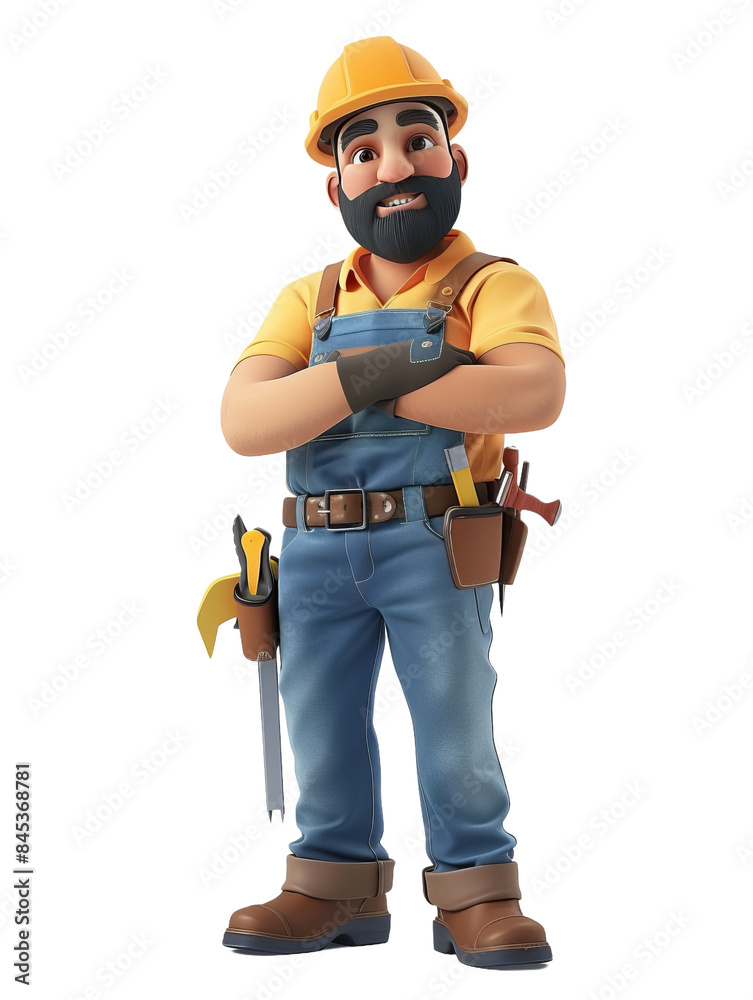 3D Rendered Cartoon Construction Worker in Yellow Hard Hat and Overalls with Tools, Standing Confidently with Arms Crossed 3D Rendered Cartoon Construction Worker in Yellow Hard Hat and Overalls with Tools, Standing Confidently with Arms Crossed