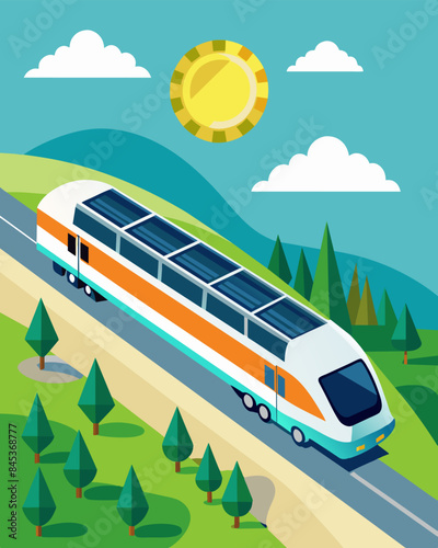 The sleek and modern train cars were designed with solar panels incorporated into their exterior allowing for a more energyefficient ride through the sunsoaked countryside.. Vector illustration