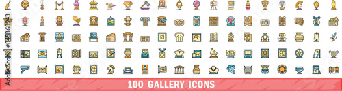 100 gallery icons set. Color line set of gallery vector icons thin line color flat on white