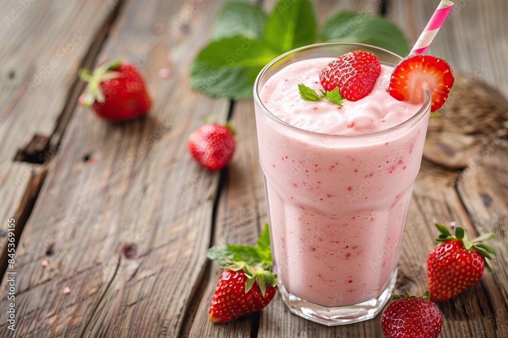 A creamy strawberry milkshake topped with fresh strawberries in a tall glass on a wooden table A creamy strawberry milkshake topped with fresh strawberries in a tall glass on a wooden table
