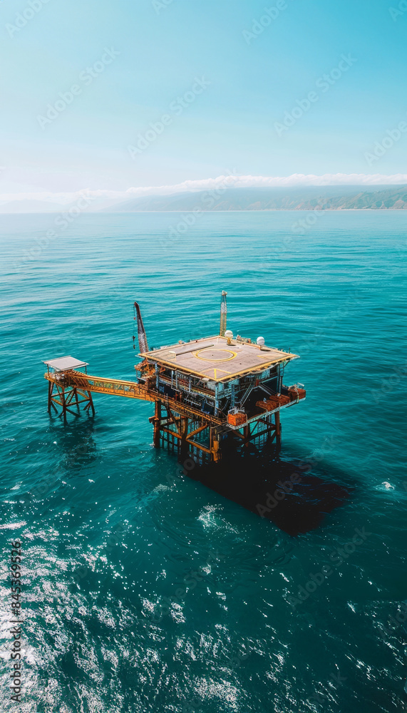 Aerial view of an isolated offshore oil rig in a calm blue sea, under clear skies Aerial view of an isolated offshore oil rig in a calm blue sea, under clear skies
